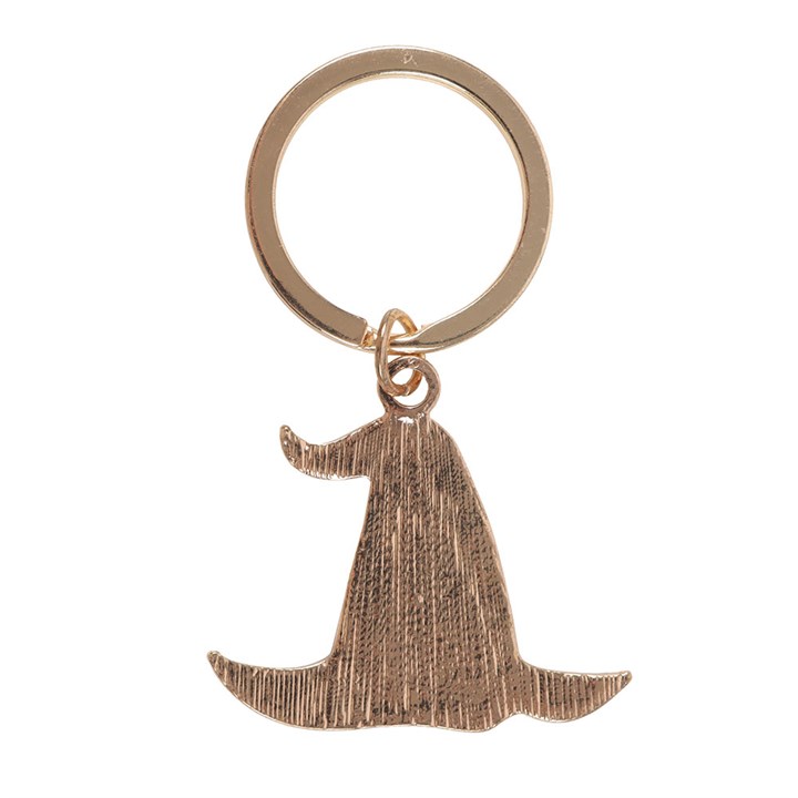 Rear of gold-tone witch hat keyring showing brushed metal texture