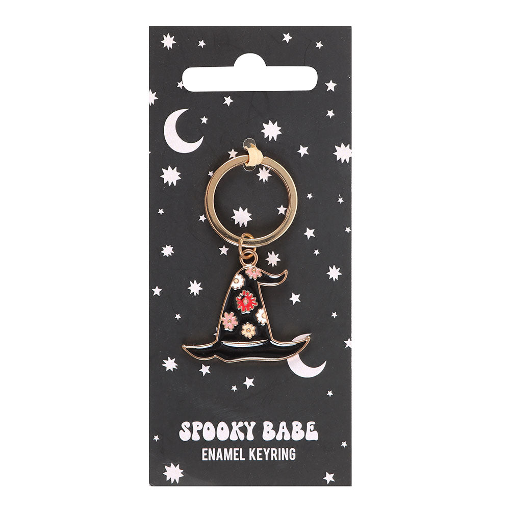 Spooky Babe Witch Hat Keyring on backing card with moon and star design