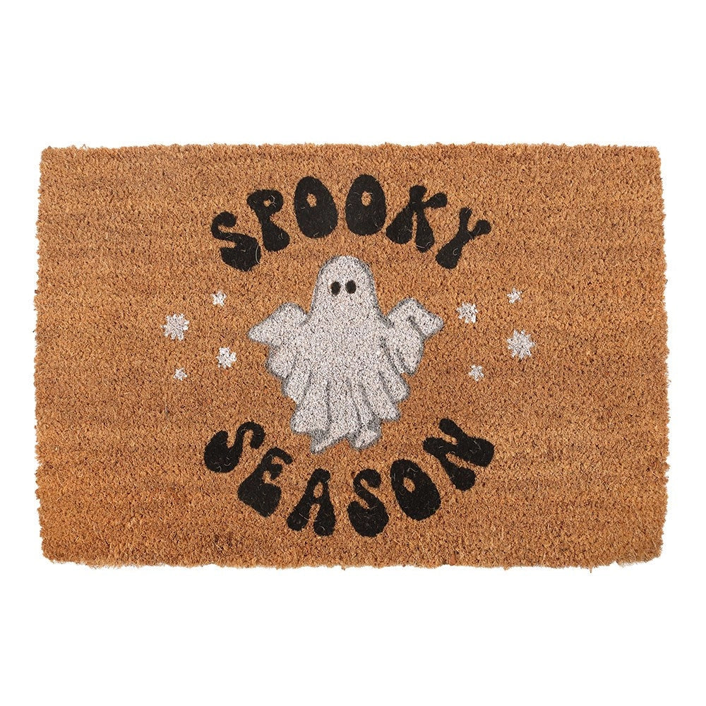 Flat lay of coir doormat with black text and glitter ghost reading ‘Spooky Season.
