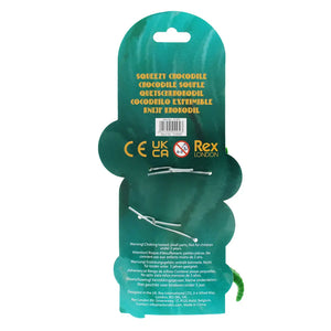 Back of Squishy Toy Crocodile packaging with safety information – suitable for ages 3+.