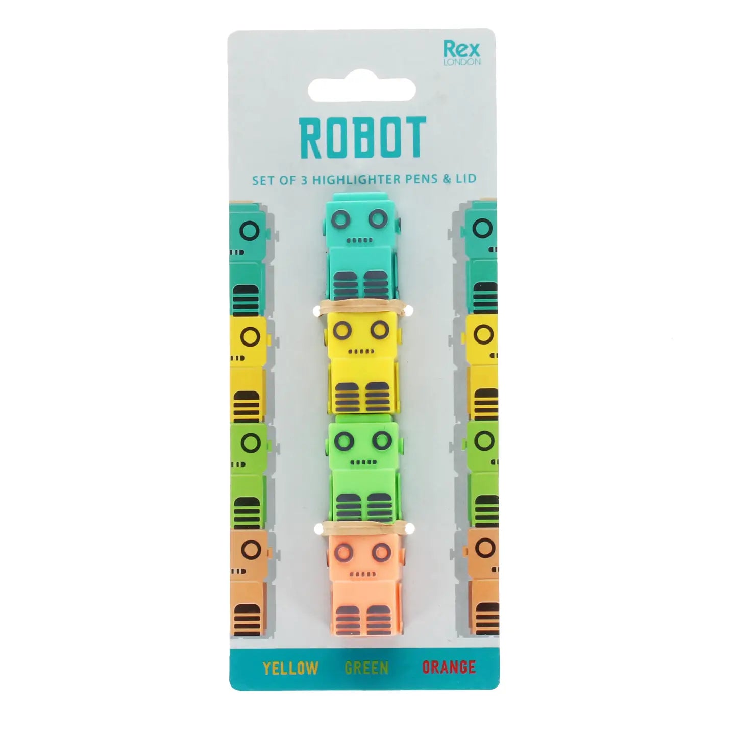 Stackable robot highlighter pens set in packaging – yellow, green and orange.