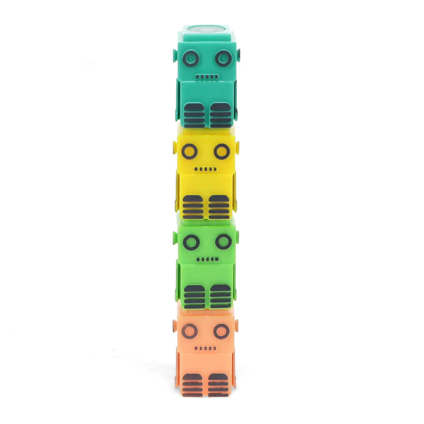 Stacked robot highlighters in yellow, green and orange.