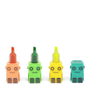 Opened robot highlighter pens in yellow, green and orange with lid.