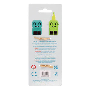 Back of stackable robot highlighters set packaging with details.