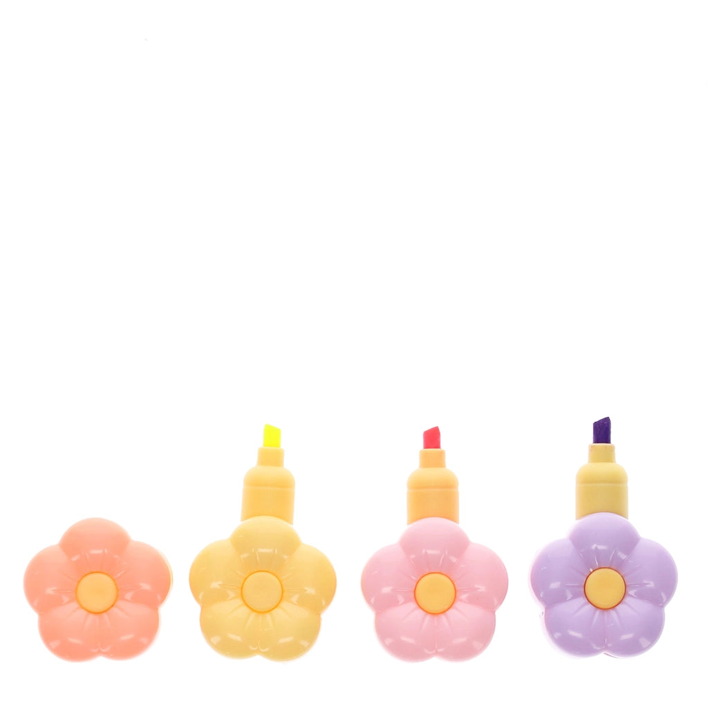 Flower-shaped highlighters with lids removed showing bright coloured tips.