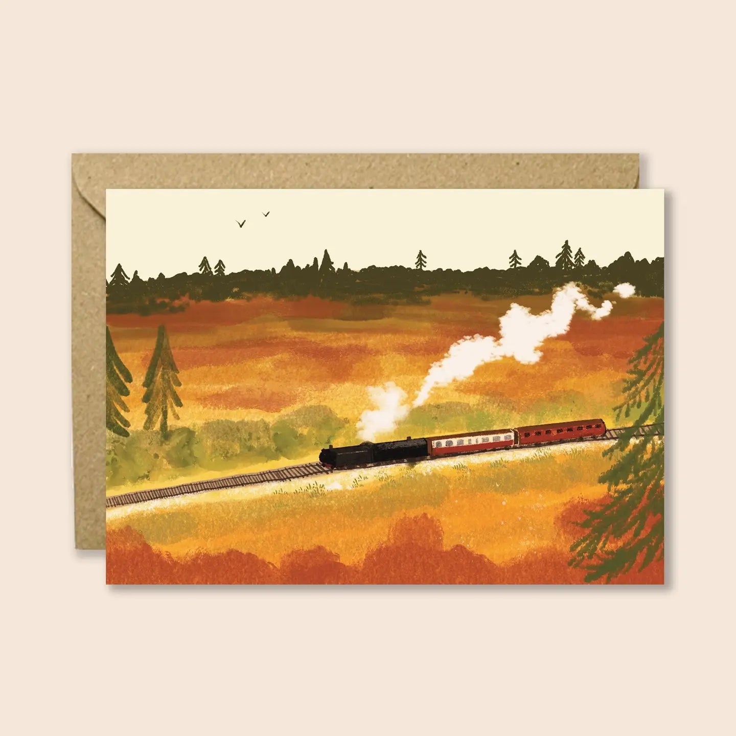 Steam Train in Autumn greetings card featuring vintage locomotive passing through golden autumn fields, printed on luxury uncoated card with Kraft envelope.