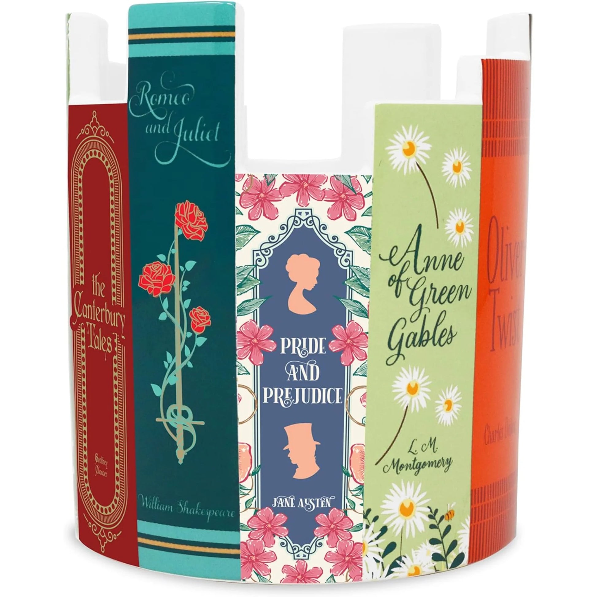 Front view of ceramic desk pot styled as a stack of classic books featuring The Canterbury Tales, Romeo and Juliet, Pride and Prejudice, Anne of Green Gables, and Oliver Twist.