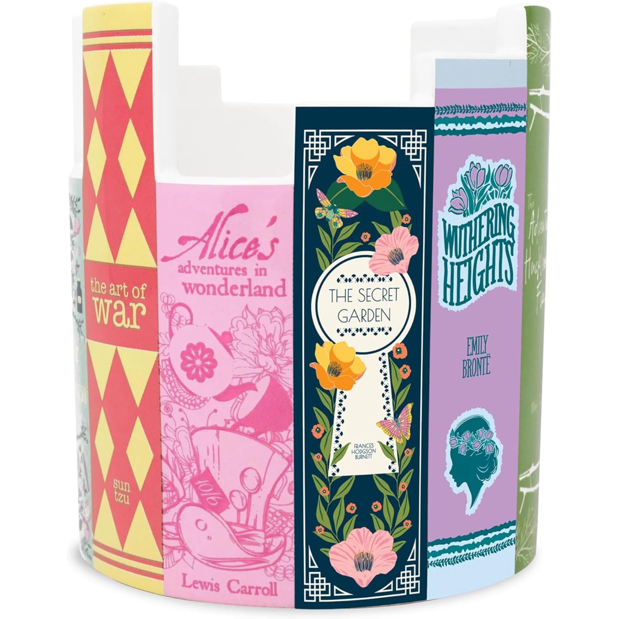 Back view of ceramic desk pot showcasing colourful book spines including The Art of War, Alice’s Adventures in Wonderland, The Secret Garden, and Wuthering Heights.