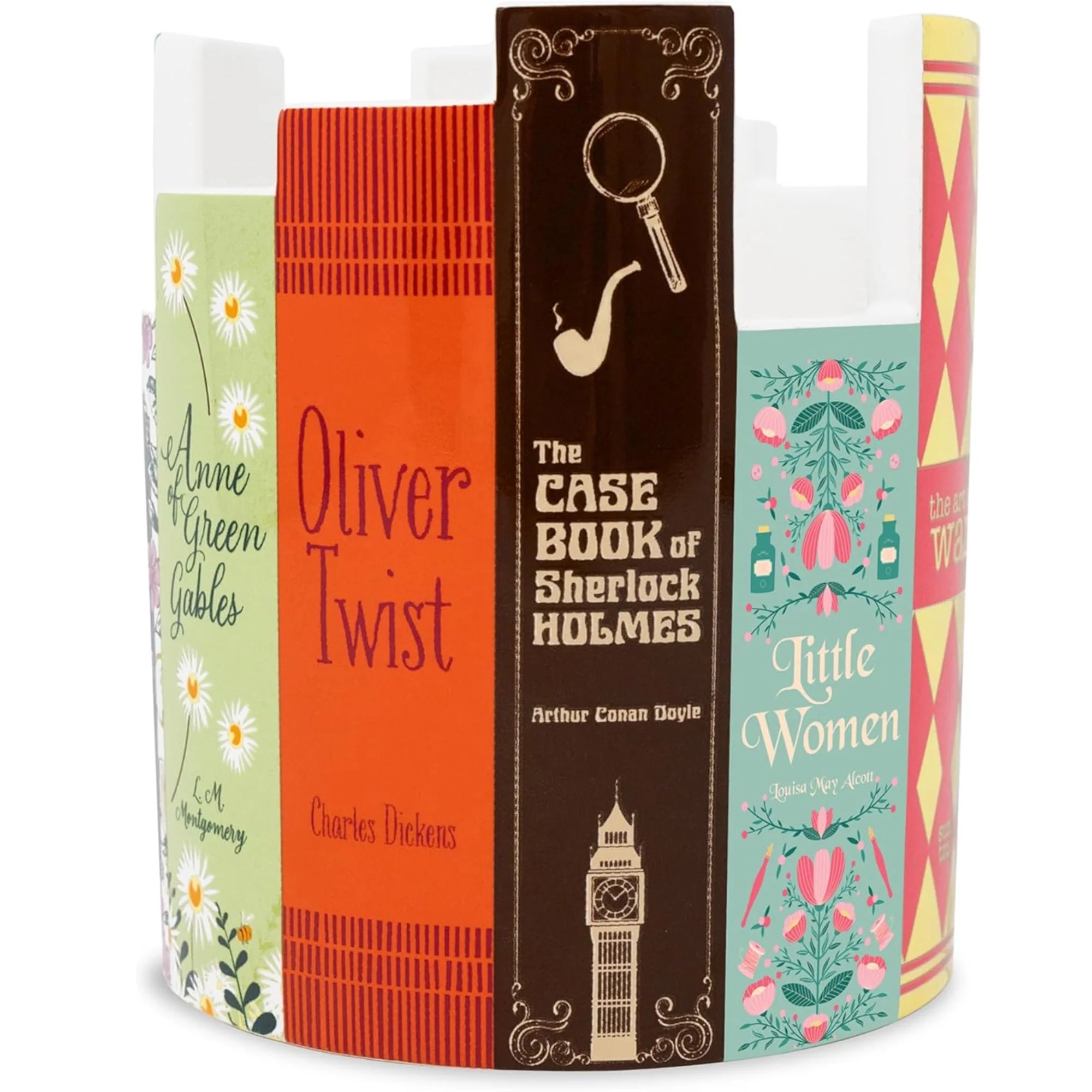 Side view of ceramic pot shaped like a vertical stack of classic novels including Oliver Twist, The Case Book of Sherlock Holmes, and Little Women.