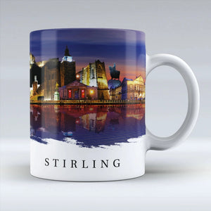 Side angle of the Stirling Skyline Mug highlighting the detailed night-time cityscape.