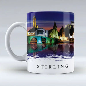 Front view of the Stirling Night Skyline Mug featuring the Wallace Monument and Stirling Castle.