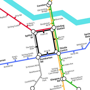 A close-up of the Stirling transport map print, highlighting city landmarks such as Stirling Castle, Thistle Centre, and University of Stirling with colourful route lines.