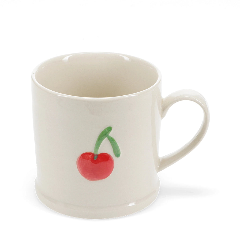 Stoneware mug with hand-painted cherry design, 350ml capacity.