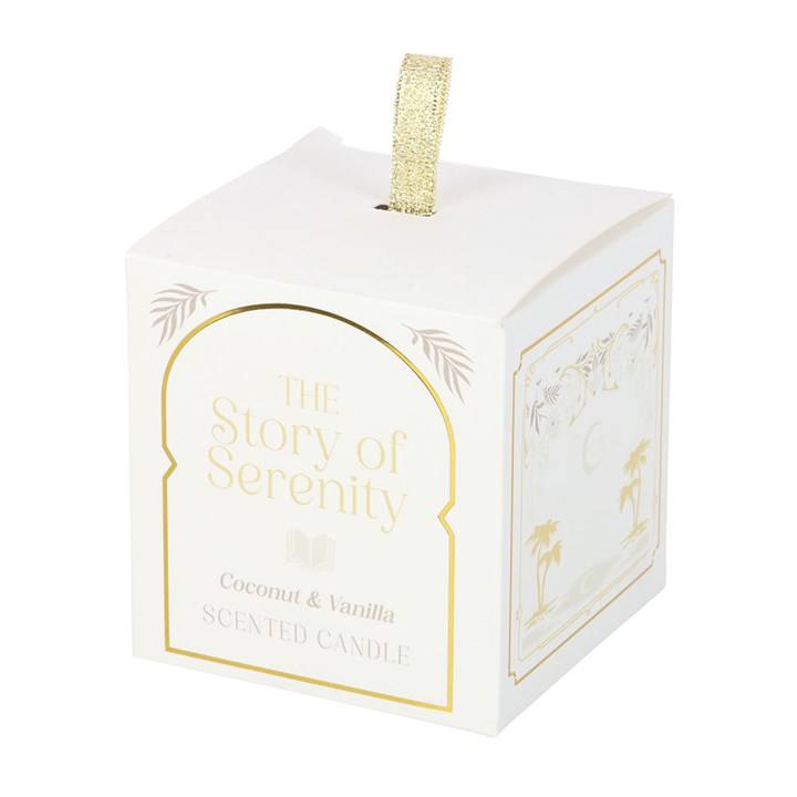 Elegant gift box for The Story of Serenity Coconut & Vanilla Candle, white with gold accents and illustrated side panels.