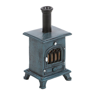 Side angle of the stove burner showing chimney top – miniature incense burner with black chimney and detailed metal effect.