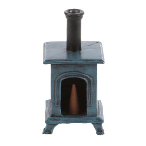 Back of stove burner showing incense cone inside – open-back view of blue incense burner with visible cone placement.