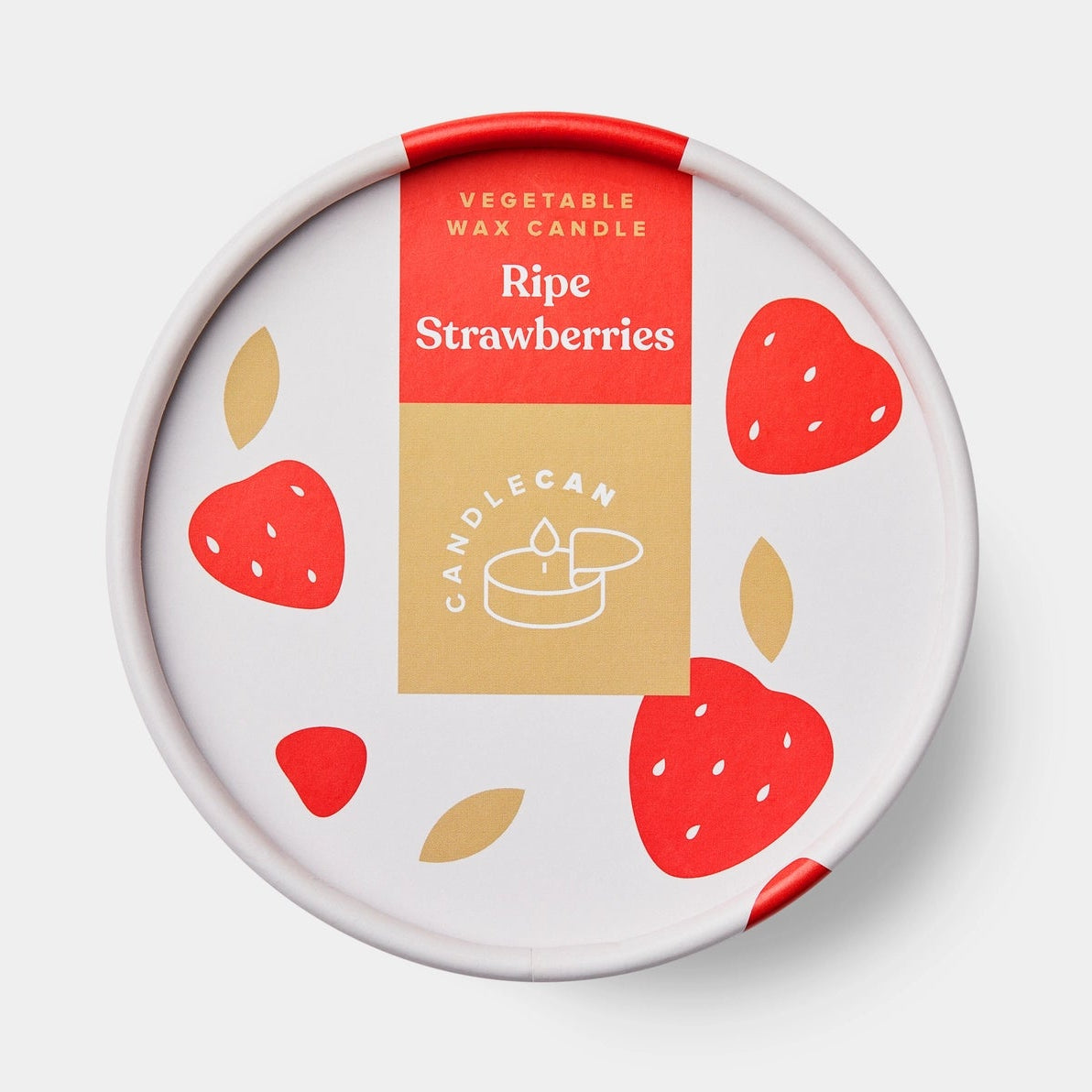 Flat lay of the CandleCan lid decorated with red strawberry illustrations and the label “Ripe Strawberries Vegetable Wax Candle.”