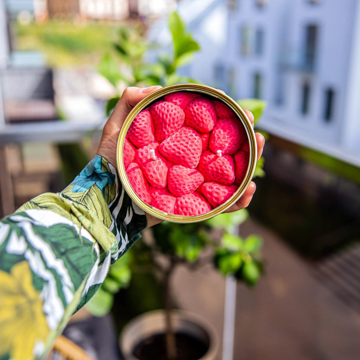 Strawberry CandleCan held above a balcony garden, with bright pink wax strawberries visible inside the opened tin.