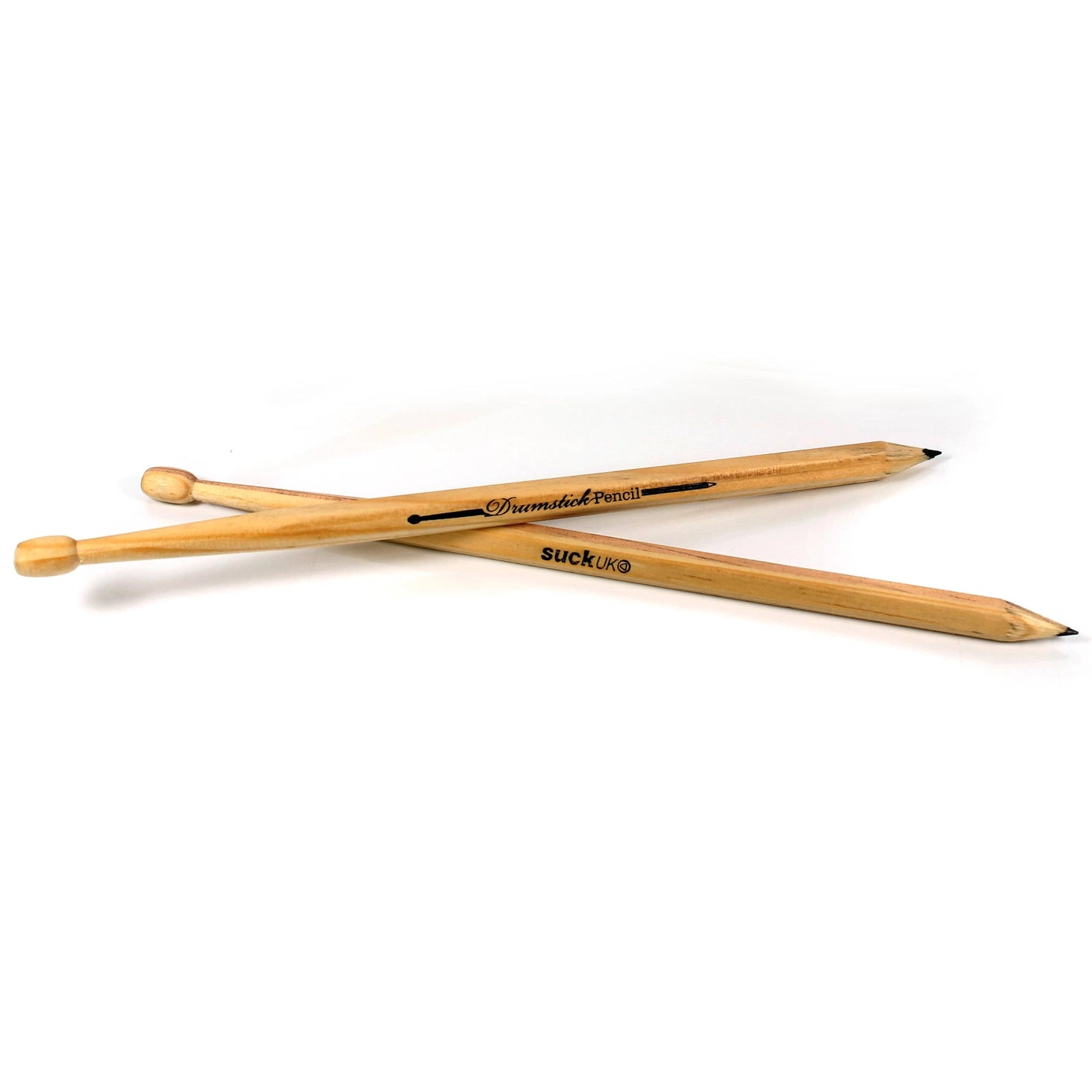 Pair of life-size wooden drumstick pens with black ink tips crossed on a white background, showing engraved branding.