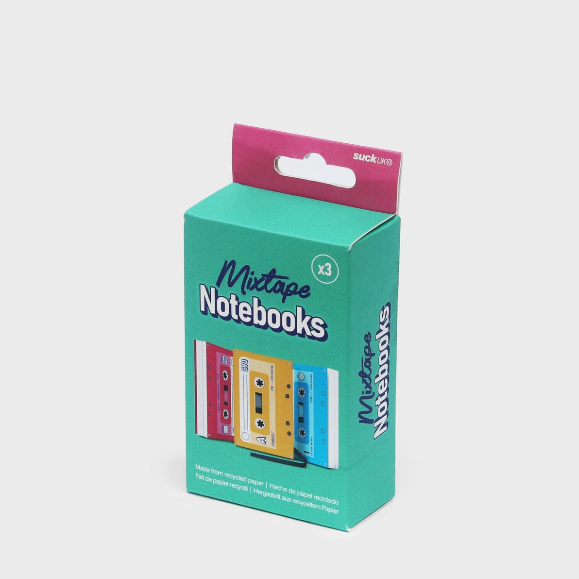 Mixtape Notebooks retail packaging showing a set of three retro cassette tape-style pocket notebooks by Suck UK