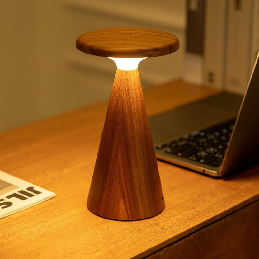 Sylva walnut table lamp glowing warmly on desk with laptop behind