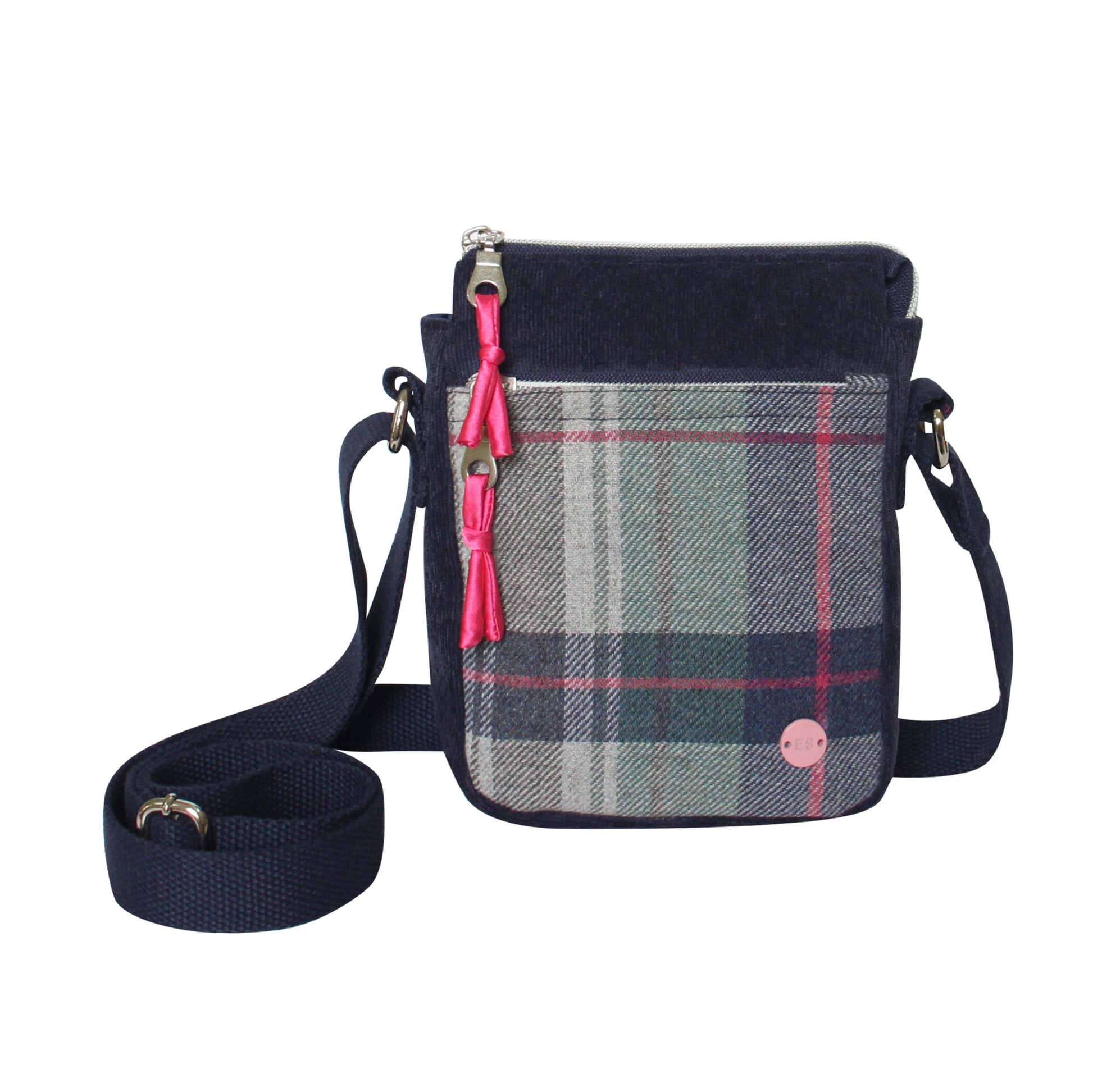 Drem Tweed Phone Crossbody Pouch front view showing navy pink pattern