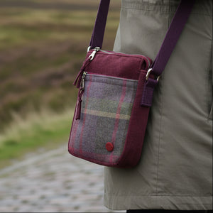 Gullane Tweed Phone Crossbody Pouch in rust plaid worn crossbody style