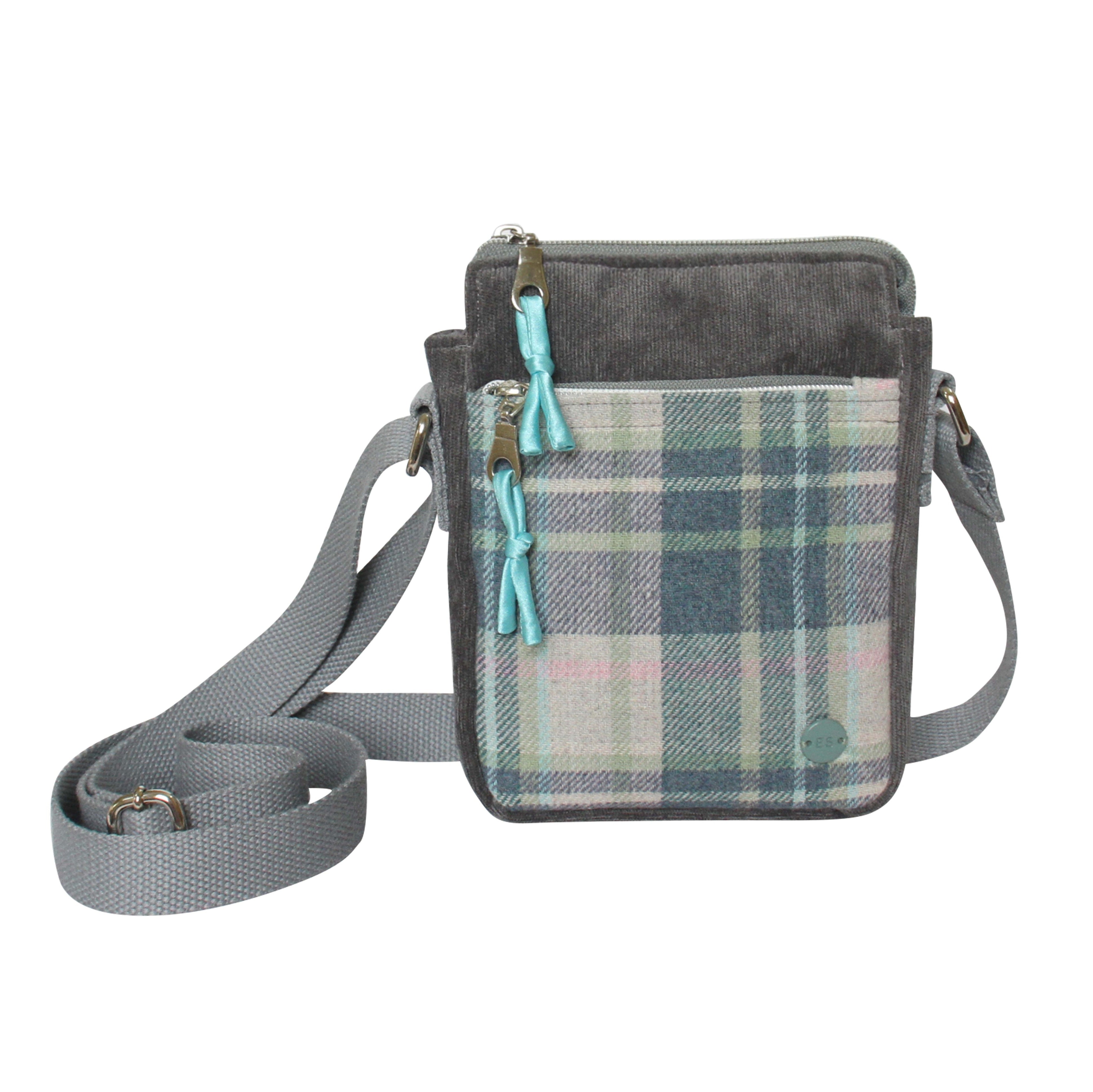 Skye Tweed Phone Crossbody Pouch front view showing blue plaid pattern