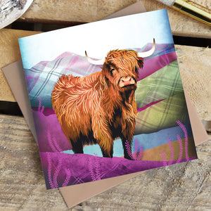 Tartan Highland Cow Blank Greetings Card featuring a digitally illustrated Highland cow with a tartan pattern, printed on premium textured board with a kraft envelope.