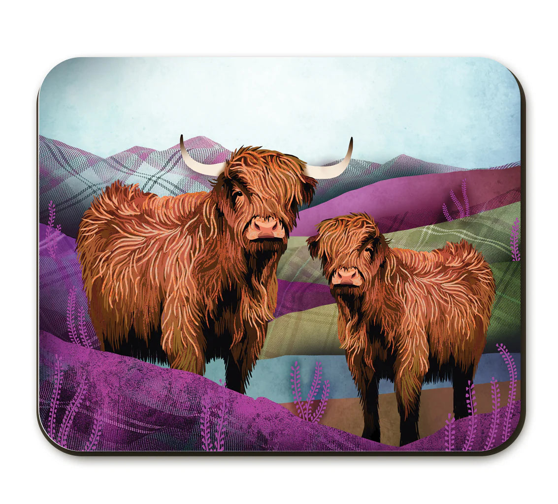 Close-up of the Tartan Highland Cow Placemat featuring a Highland cow with a Scottish landscape background.