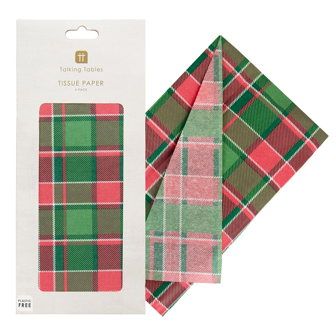Pack of Talking Tables tartan tissue paper with four red and green plaid sheets, partially opened to display texture and colour.