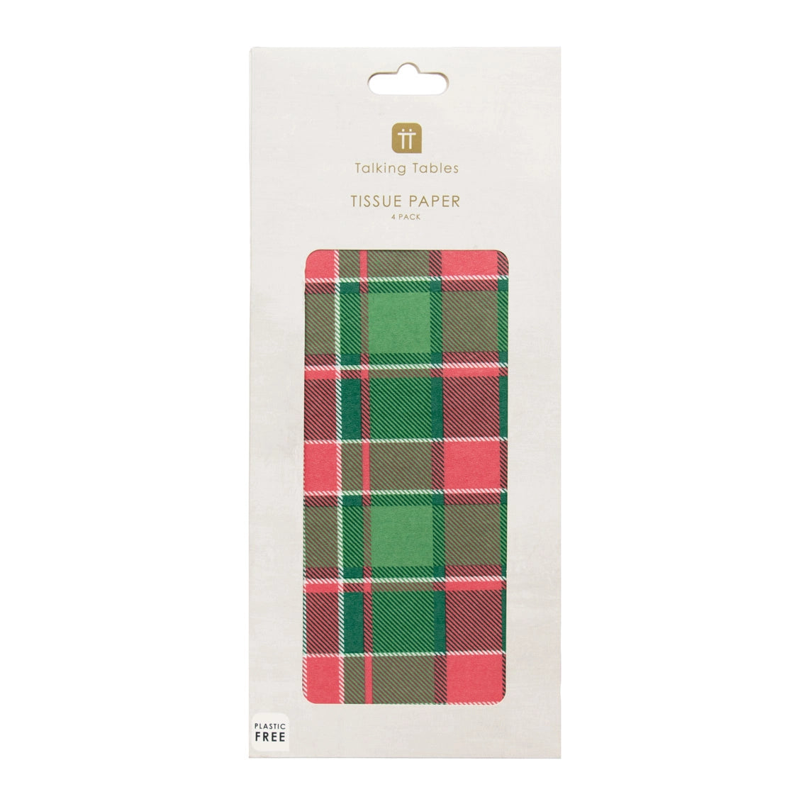Front view of Christmas tartan tissue paper in retail packaging, featuring bold red and green check pattern by Talking Tables.