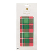 Front view of Christmas tartan tissue paper in retail packaging, featuring bold red and green check pattern by Talking Tables.