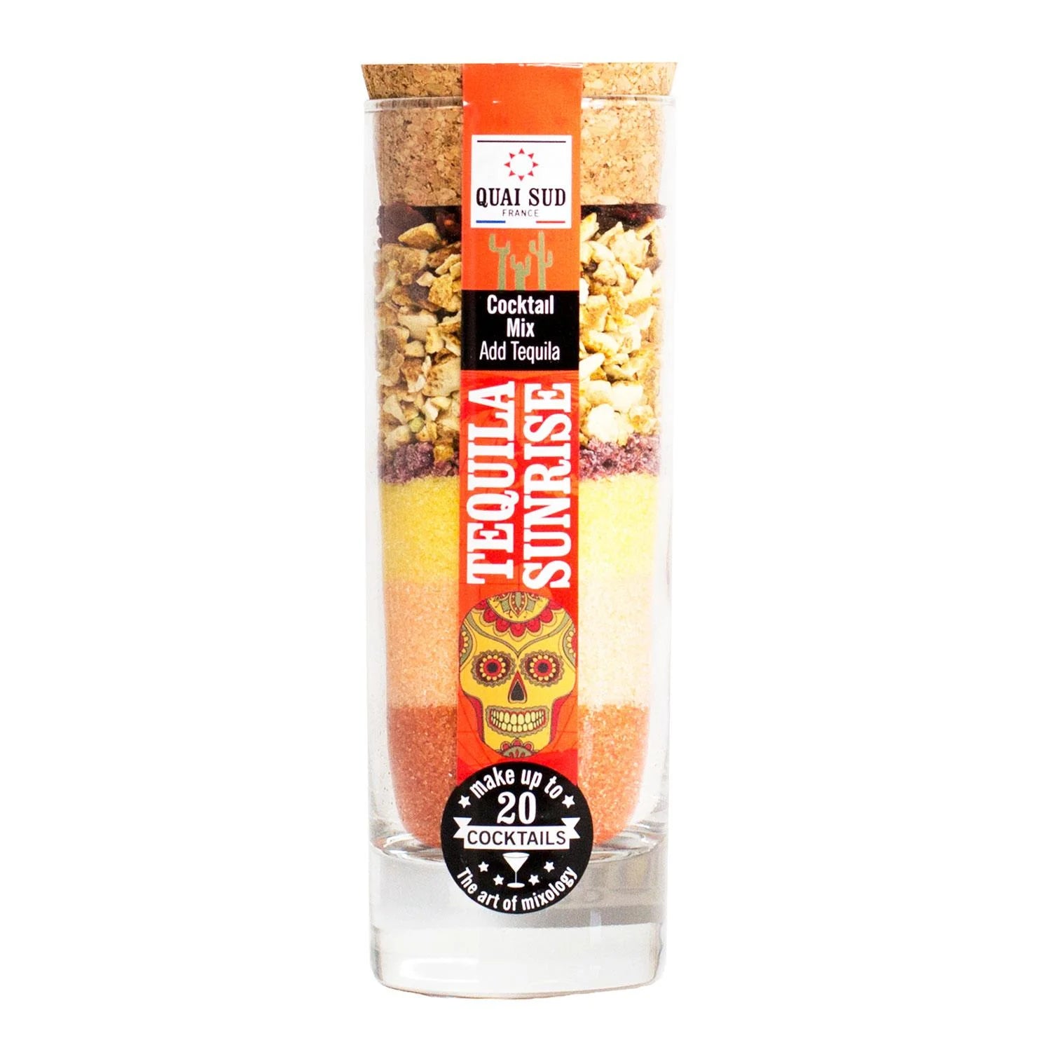 Tequila Sunrise cocktail mix in a tall glass bottle with colourful layers of citrus, sugar and berries.