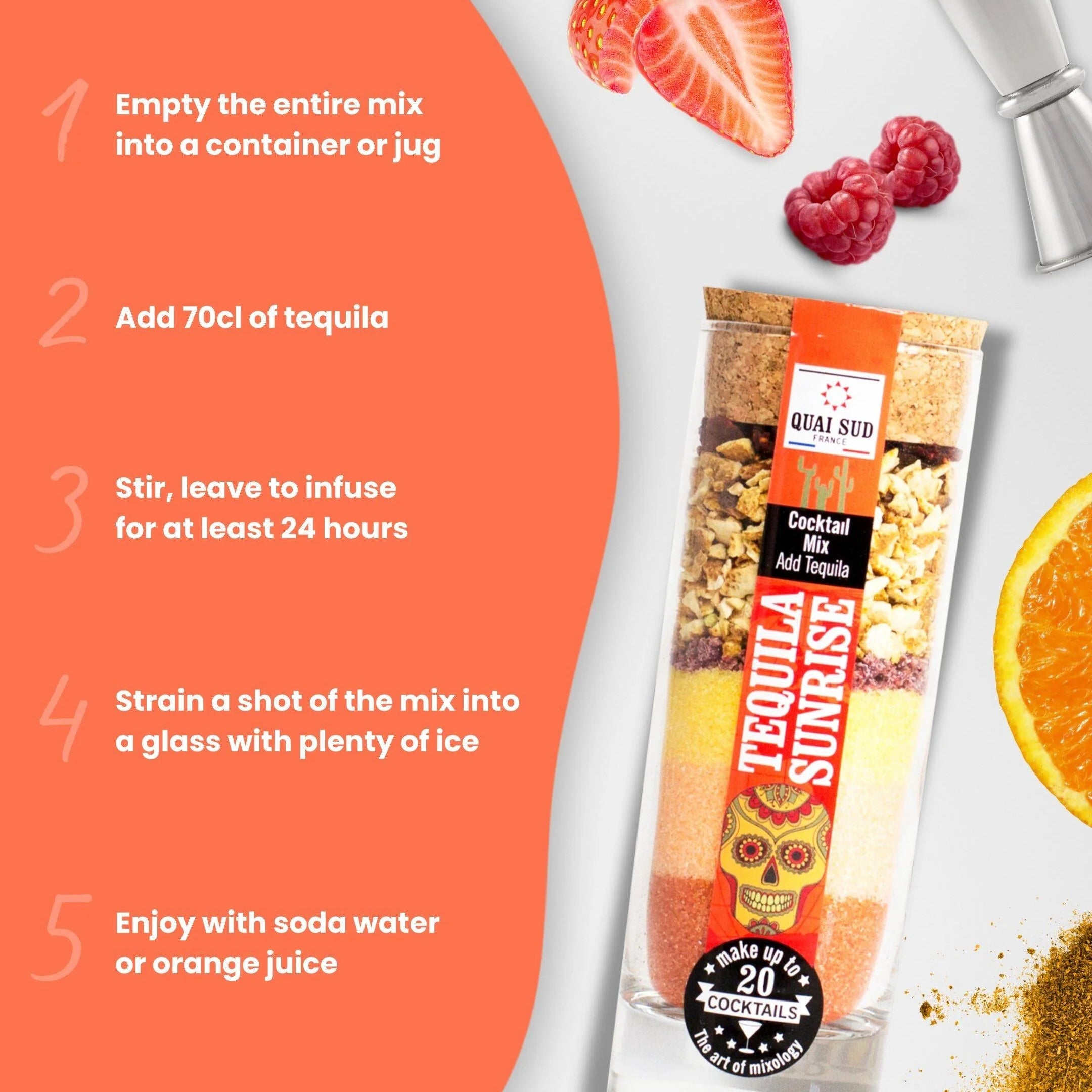 Tequila Sunrise cocktail mix displayed alongside step-by-step infusion instructions.