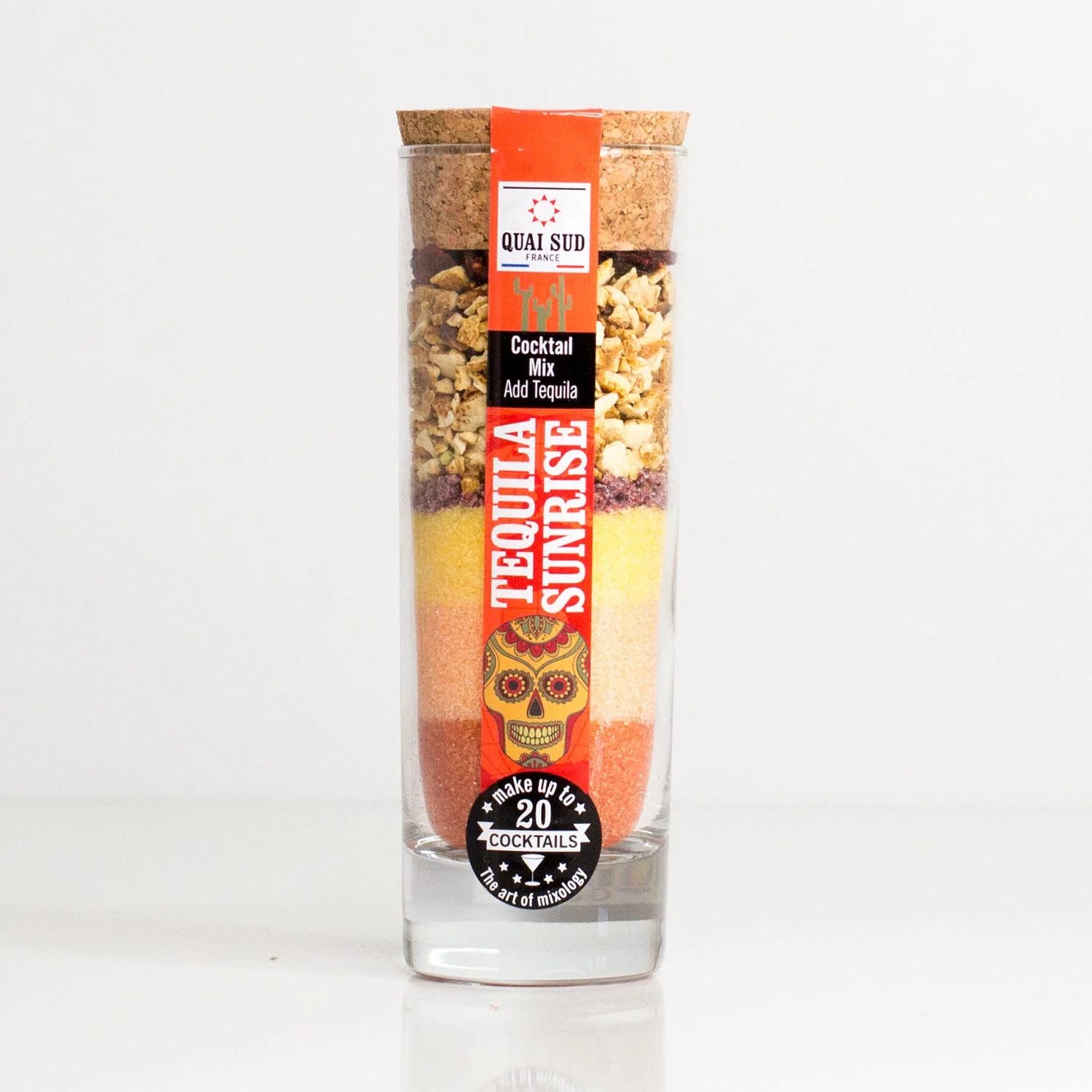 Front-facing Tequila Sunrise cocktail mix bottle with bold orange label and cork lid.