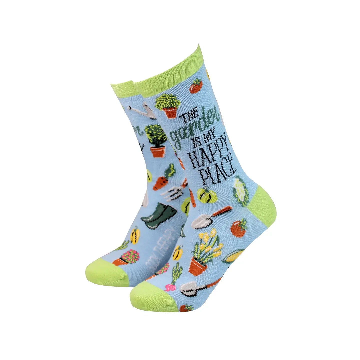 Front view of The Garden Is My Happy Place women’s bamboo socks featuring colourful gardening illustrations and green accents on a pastel blue background.