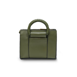 Back View: The Chestnut Herringbone Mini Arran Tote with Harris Tweed® Showcasing the green PU leather back.