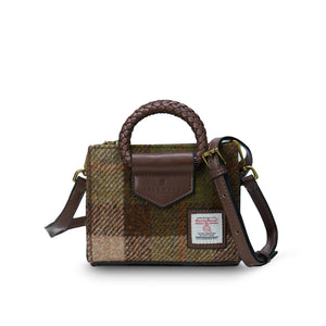 Straight View: The Mini Arran Tote with Chestnut Tartan Harris Tweed® with a brown PU leather braided handle and shoulder strap.