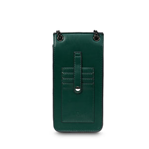 hind View: The Phone Tote with Harris Tweed® with green vegan leather and 4 card slots.