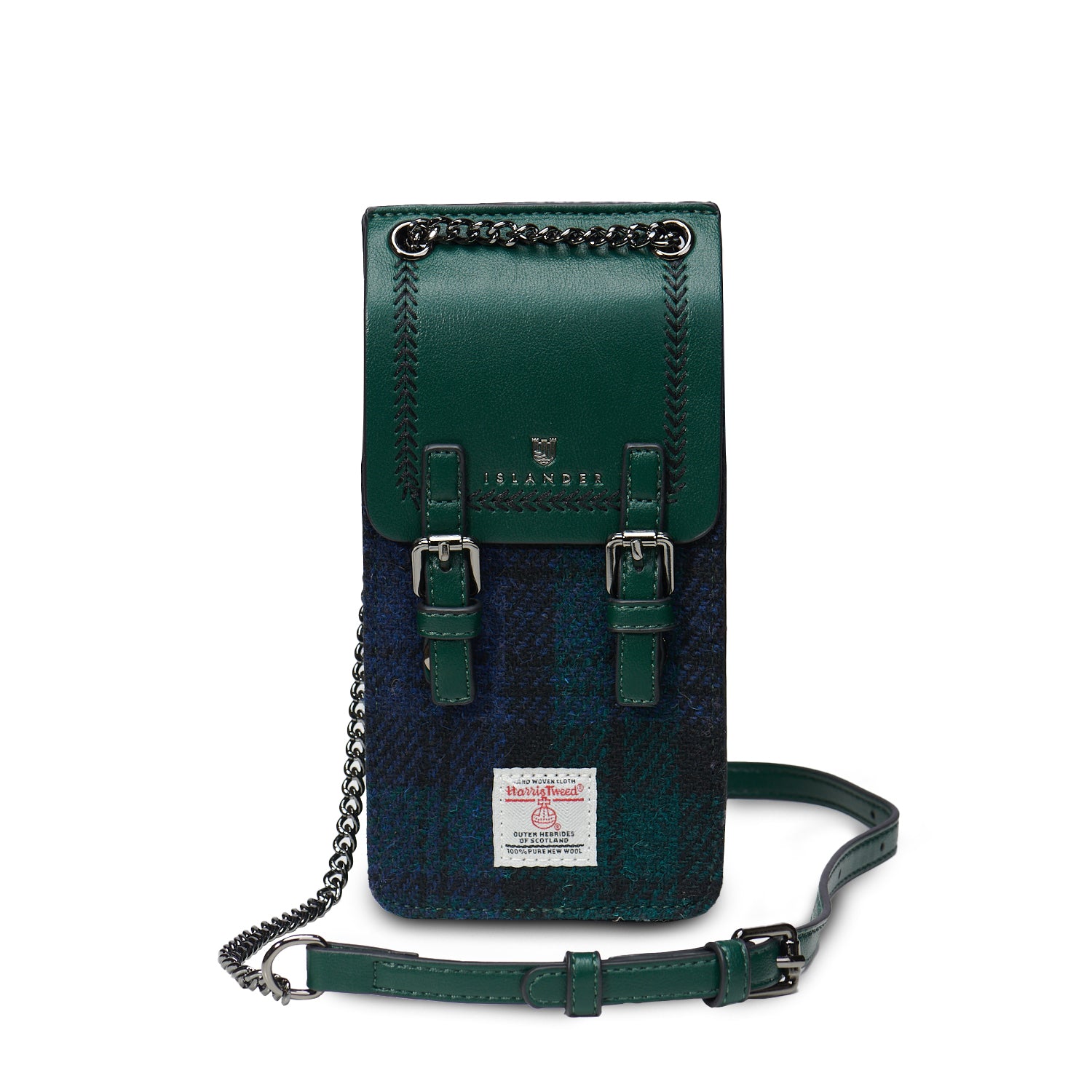 The Phone Tote with Harris Tweed® with Vegan leather and Black-Watch Tartan, with a chain and leather strap.