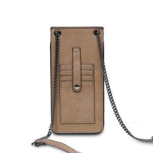 The Phone Tote with Harris Tweed® with brown vegan leather and 4 card slots.