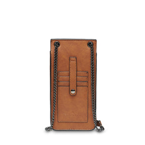 Behind View: The Phone Tote with Harris Tweed® with brown vegan leather and 4 card slots.