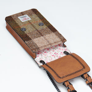 The Phone Tote with Harris Tweed® with chestnut tartan showing a lovely floral interior.