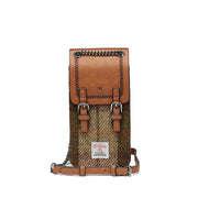 The Phone Tote with Harris Tweed® with Vegan leather and Chestnut Tartan, with a chain and leather strap.