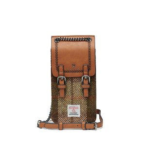 The Phone Tote with Harris Tweed® with Vegan leather and Chestnut Tartan, with a chain and leather strap.