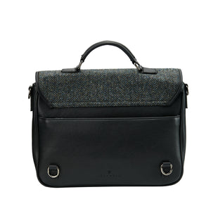 Back: Black & Grey Herringbone: Modern Laptop Bag with Harris Tweed® (back view) with a black PU leather body