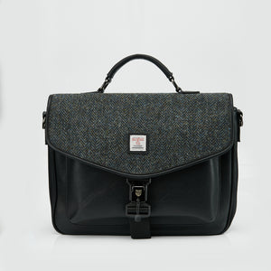 Straight: Black & Grey Herringbone: Modern Laptop Bag with Harris Tweed® (front view) with black PU leather. Holds 13" laptops & A4 files.