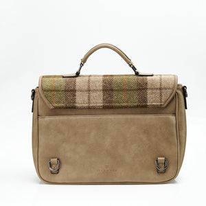 Back: Chestnut Tartan: Modern Laptop Bag with Harris Tweed® (back view) with a light brown PU leather body.