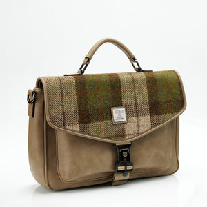 Straight: Chestnut Tartan: Modern Laptop Bag with Harris Tweed® (front view) with Light Brown PU leather. Holds 13" laptops & A4 files.